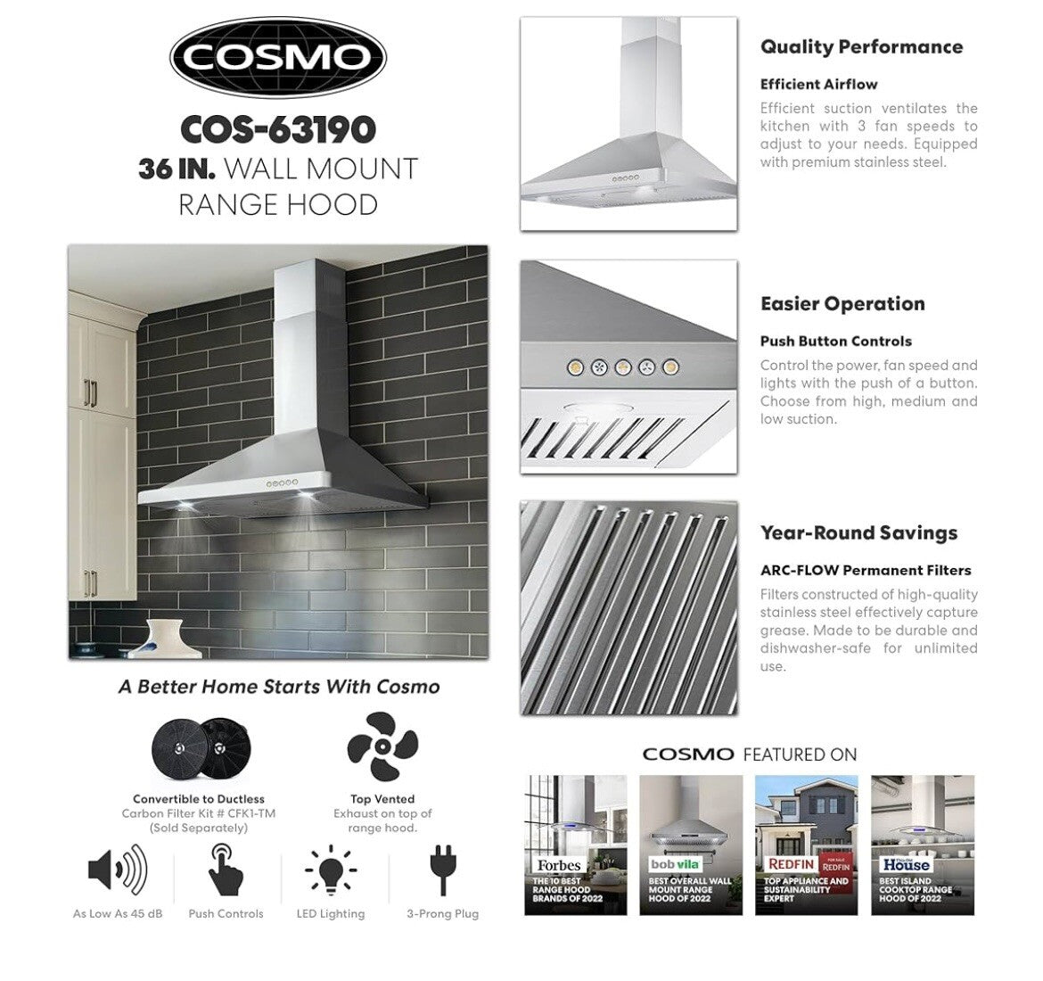 Cosmos 36" Ducted Wall Mount Range Hood w/ Stainless Steel Push Controls