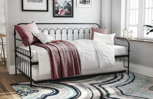 🛏️ Twin Size Metal Daybed with Trundle – Space-Saving Design in Black 🛏️