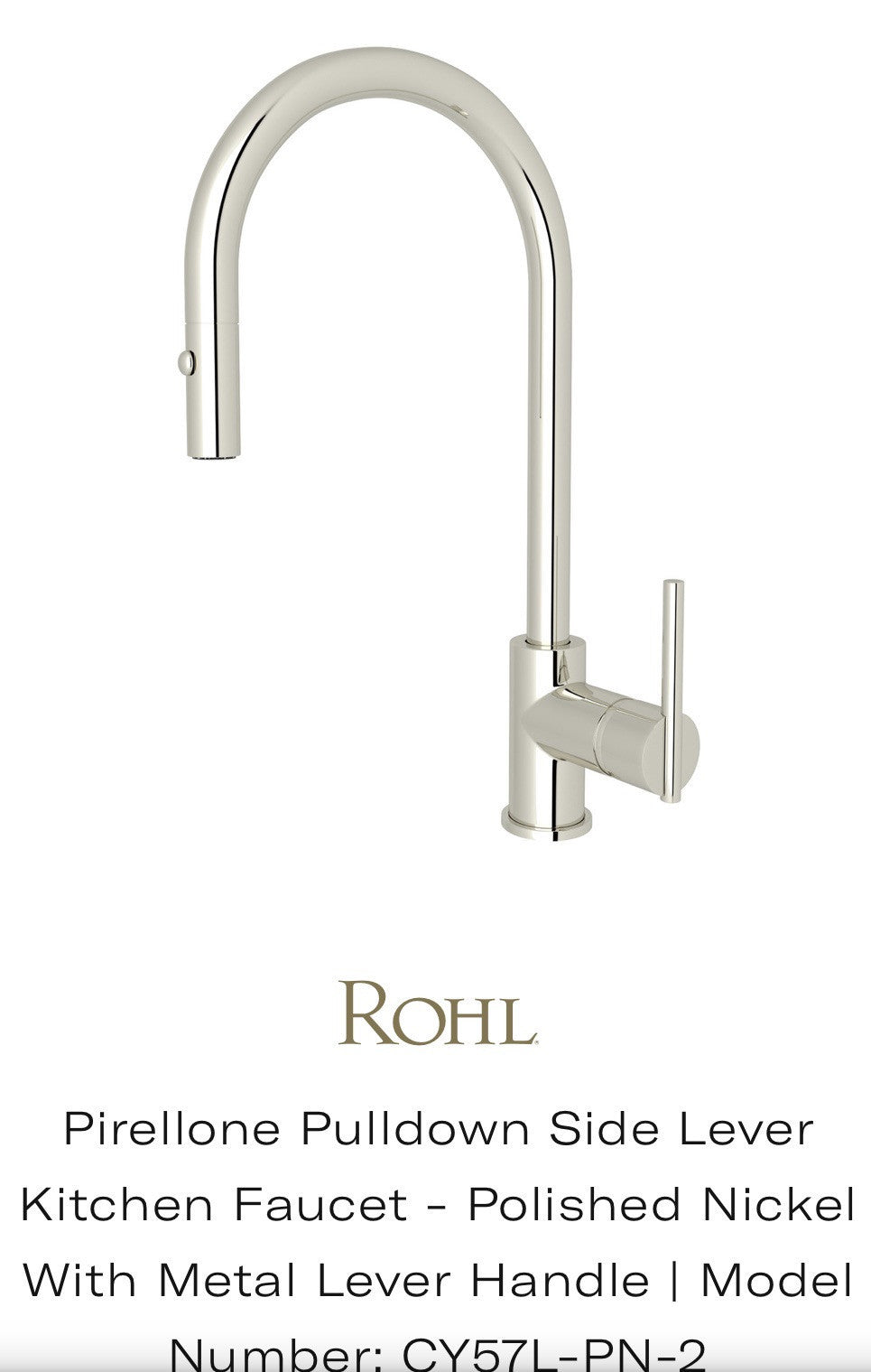 Rohl CY57L-PN2 Pirellone Single Hole Pull-Down Kitchen Faucet – Satin Nickel Fin